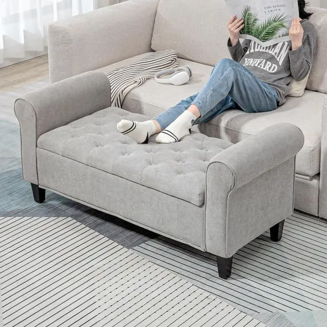 Alt view image 7 of 7 - HOMCOM 50" Storage Ottoman Bench, Upholstered End of Bed Bench with Rolled Arms, Wood Legs, Button Tufted Storage Bench with Safety Hinges for Living Room, Entryway, Bedroom, Gray