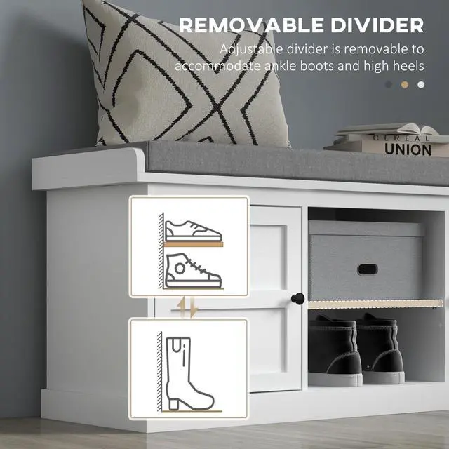 Alt view image 4 of 7 - HOMCOM Shoe Bench with Cushion, Storage Bench for Entryway with Padded Seat, 2 Cabinets and Adjustable Shelf for Hallway, Living Room, Bedroom, White