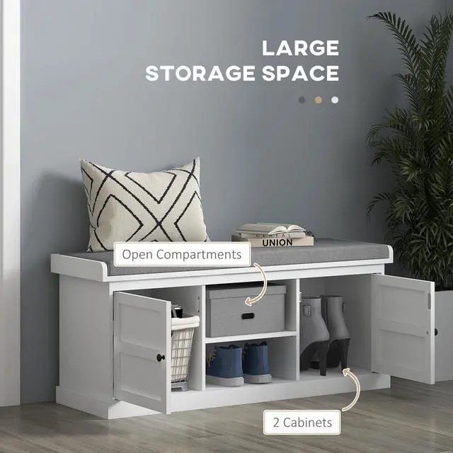 Alt view image 6 of 7 - HOMCOM Shoe Bench with Cushion, Storage Bench for Entryway with Padded Seat, 2 Cabinets and Adjustable Shelf for Hallway, Living Room, Bedroom, White
