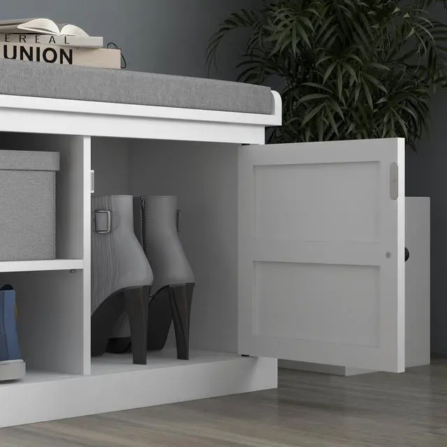 Alt view image 2 of 7 - HOMCOM Shoe Bench with Cushion, Storage Bench for Entryway with Padded Seat, 2 Cabinets and Adjustable Shelf for Hallway, Living Room, Bedroom, White