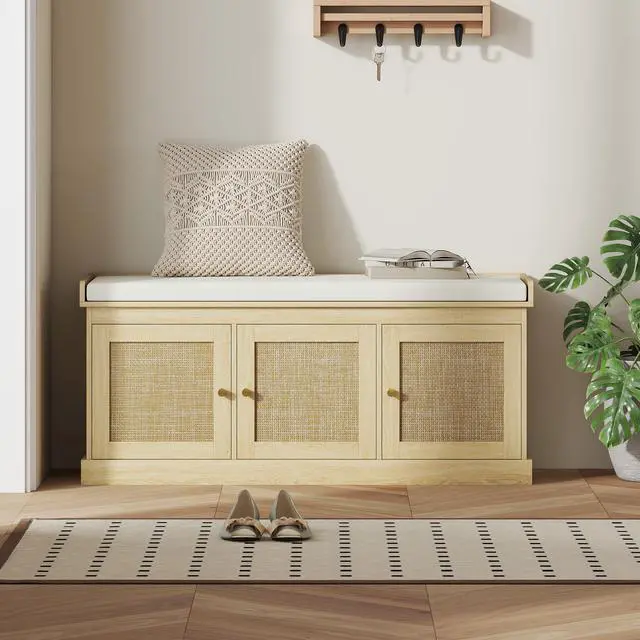 Alt view image 3 of 7 - HOMCOM Shoe Storage Bench with Woven Rattan, Shoe Bench with Cushion, Adjustable Shelves, Entryway Bench for Bedroom, Living Room, Oak Tone