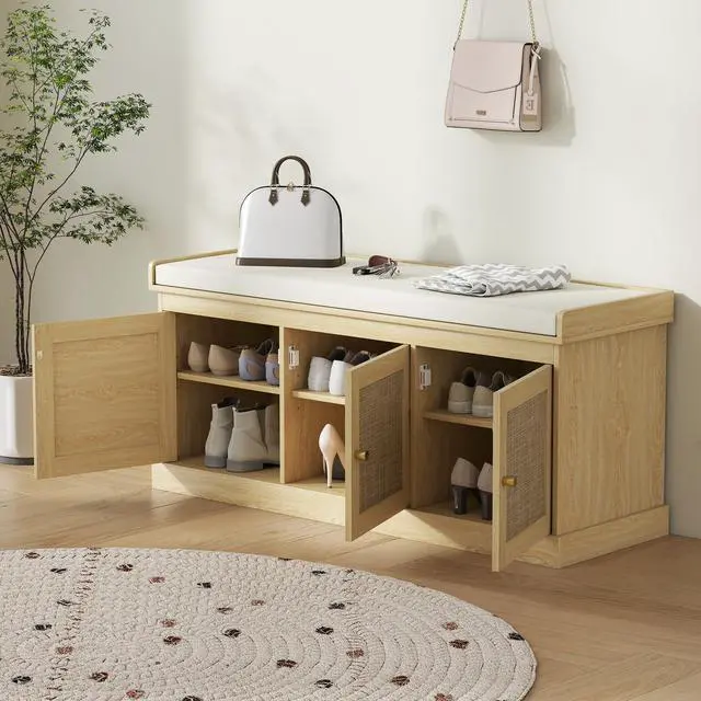 Alt view image 2 of 7 - HOMCOM Shoe Storage Bench with Woven Rattan, Shoe Bench with Cushion, Adjustable Shelves, Entryway Bench for Bedroom, Living Room, Oak Tone