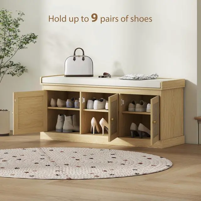 Alt view image 5 of 7 - HOMCOM Shoe Storage Bench with Woven Rattan, Shoe Bench with Cushion, Adjustable Shelves, Entryway Bench for Bedroom, Living Room, Oak Tone