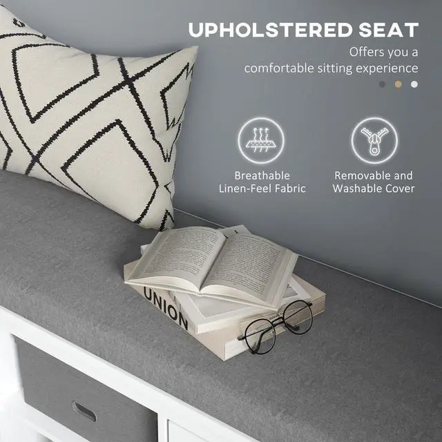 Alt view image 7 of 7 - HOMCOM Shoe Bench with Cushion, Storage Bench for Entryway with Padded Seat, 2 Cabinets and Adjustable Shelf for Hallway, Living Room, Bedroom, White