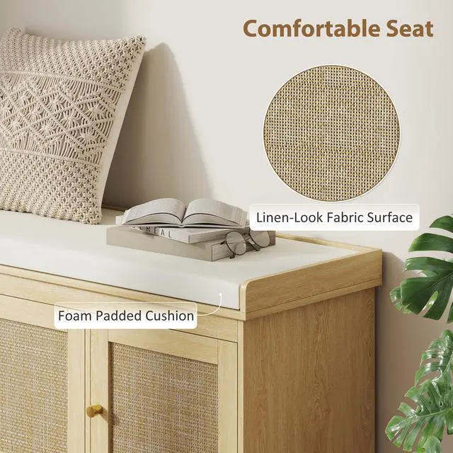 Alt view image 6 of 7 - HOMCOM Shoe Storage Bench with Woven Rattan, Shoe Bench with Cushion, Adjustable Shelves, Entryway Bench for Bedroom, Living Room, Oak Tone