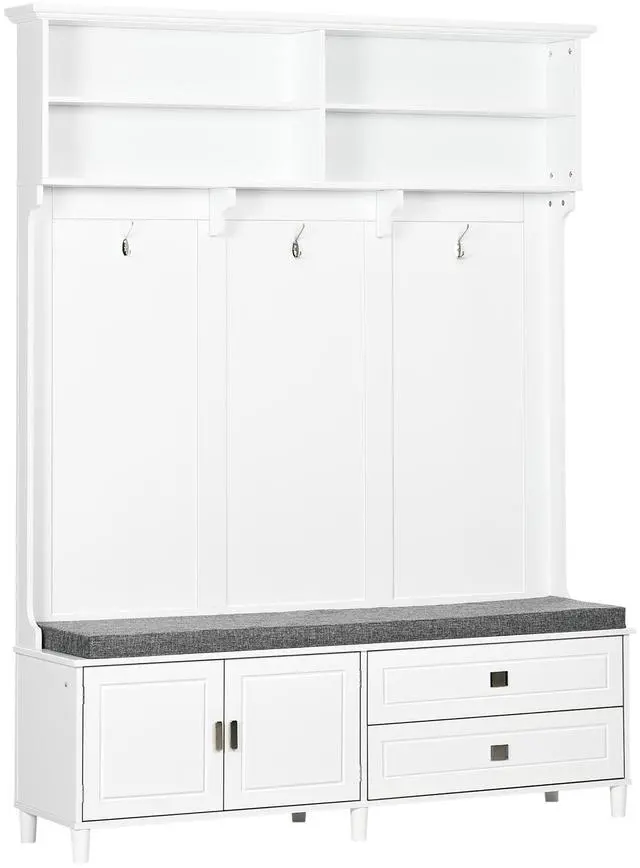 Main image of Hall Tree with Storage Bench, Entryway Bench with Coat Rack, Accent Coat Tree with Storage Shelves, Cabinet and Drawers for Hallway, Mudroom, White