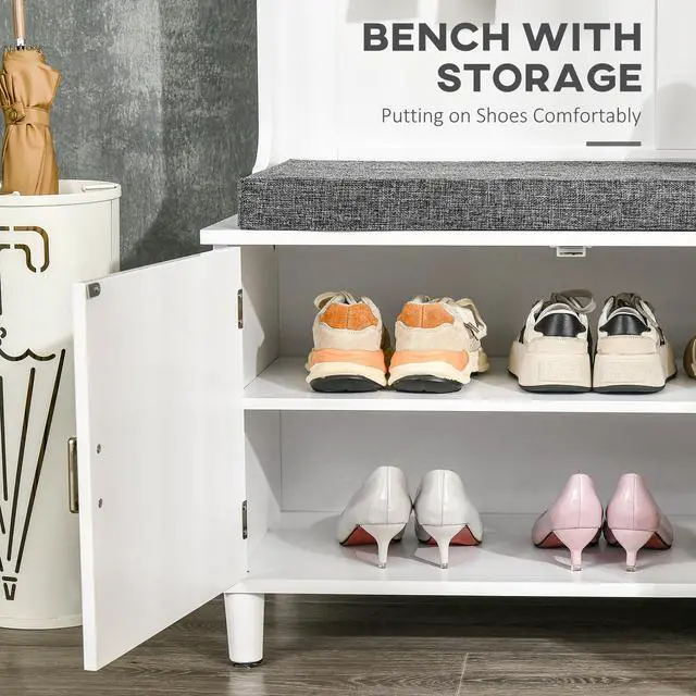 Alt view image 3 of 7 - Hall Tree with Storage Bench, Entryway Bench with Coat Rack, Accent Coat Tree with Storage Shelves, Cabinet and Drawers for Hallway, Mudroom, White