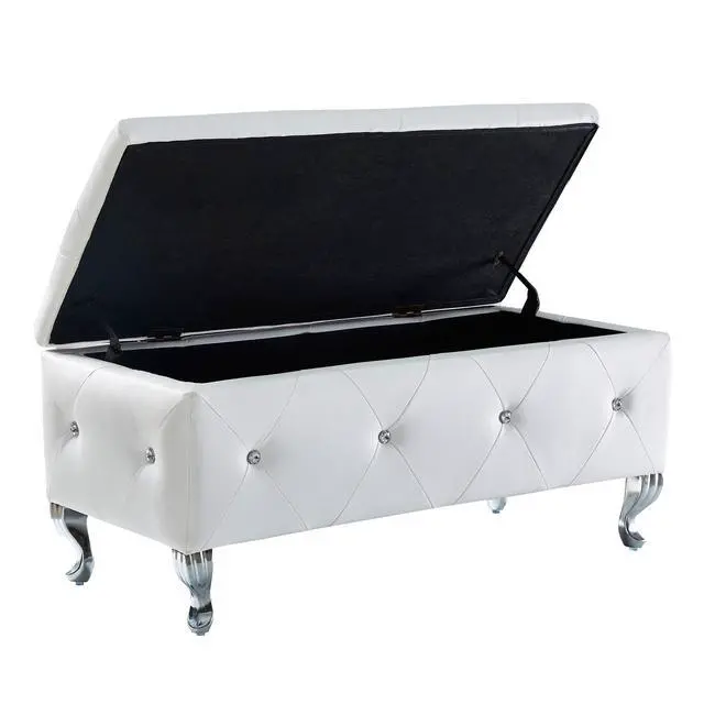 Alt view image 2 of 7 - Upholstered Storage Ottoman Bench For Bedroom End Of Bed Faux Leather Rectangular Storage Benches Footrest With Crystal Buttons For Living Room Entryway (White)