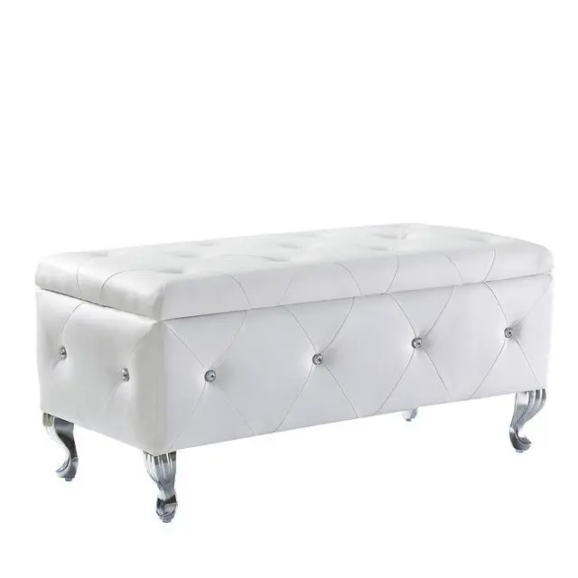 Alt view image 3 of 7 - Upholstered Storage Ottoman Bench For Bedroom End Of Bed Faux Leather Rectangular Storage Benches Footrest With Crystal Buttons For Living Room Entryway (White)