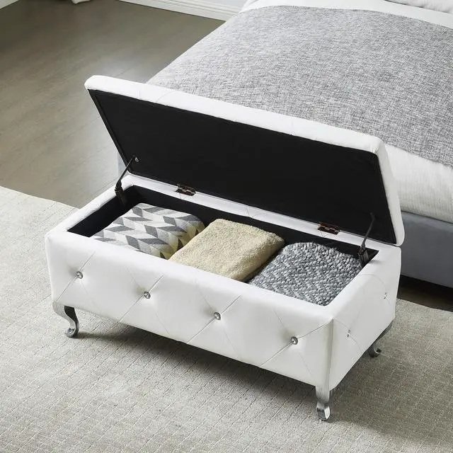 Main image of Upholstered Storage Ottoman Bench For Bedroom End Of Bed Faux Leather Rectangular Storage Benches Footrest With Crystal Buttons For Living Room Entryway (White)