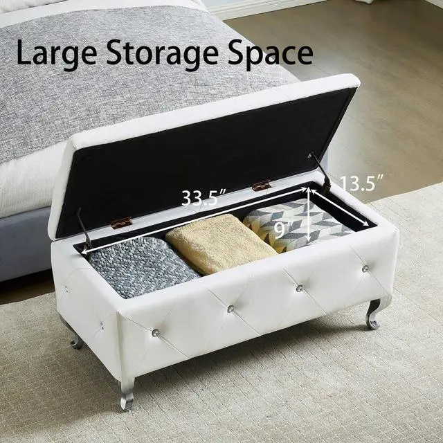 Alt view image 4 of 7 - Upholstered Storage Ottoman Bench For Bedroom End Of Bed Faux Leather Rectangular Storage Benches Footrest With Crystal Buttons For Living Room Entryway (White)