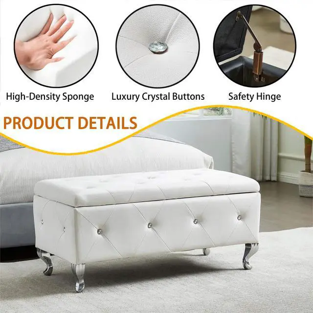 Alt view image 5 of 7 - Upholstered Storage Ottoman Bench For Bedroom End Of Bed Faux Leather Rectangular Storage Benches Footrest With Crystal Buttons For Living Room Entryway (White)