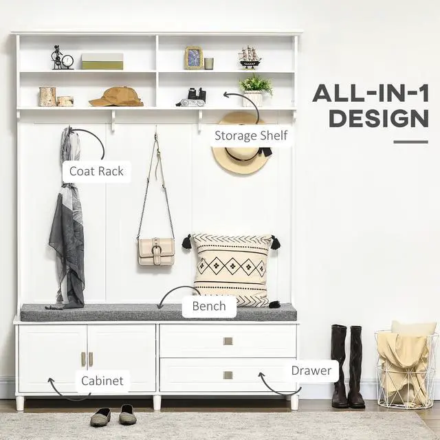 Alt view image 6 of 7 - Hall Tree with Storage Bench, Entryway Bench with Coat Rack, Accent Coat Tree with Storage Shelves, Cabinet and Drawers for Hallway, Mudroom, White