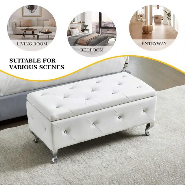 Alt view image 7 of 7 - Upholstered Storage Ottoman Bench For Bedroom End Of Bed Faux Leather Rectangular Storage Benches Footrest With Crystal Buttons For Living Room Entryway (White)