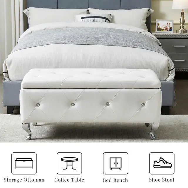Alt view image 6 of 7 - Upholstered Storage Ottoman Bench For Bedroom End Of Bed Faux Leather Rectangular Storage Benches Footrest With Crystal Buttons For Living Room Entryway (White)
