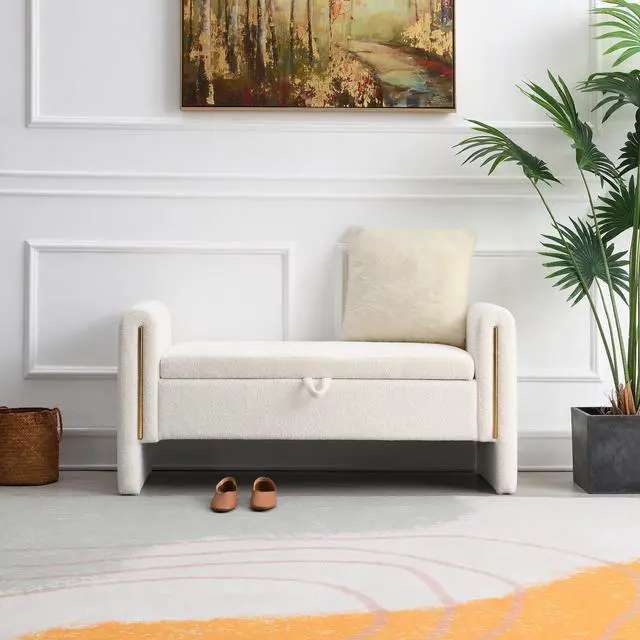 Alt view image 2 of 7 - Modern Teddy Bed End Bench with Arms and Storage,Upholstered Large Foot Rest Stool, Comfy Window Vanity Bench for Living Room,Bedroom,Dorm,Coffee Table,Teddy Cream