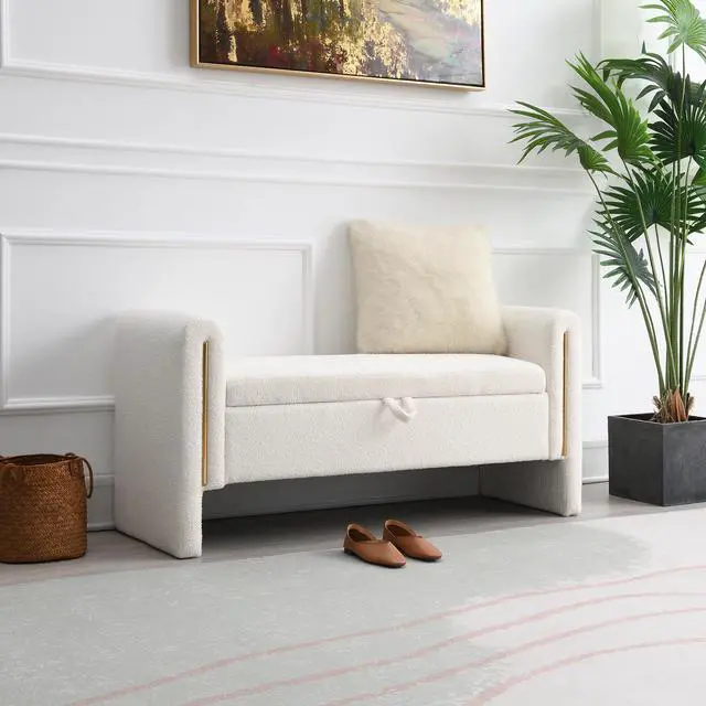 Alt view image 4 of 7 - Modern Teddy Bed End Bench with Arms and Storage,Upholstered Large Foot Rest Stool, Comfy Window Vanity Bench for Living Room,Bedroom,Dorm,Coffee Table,Teddy Cream