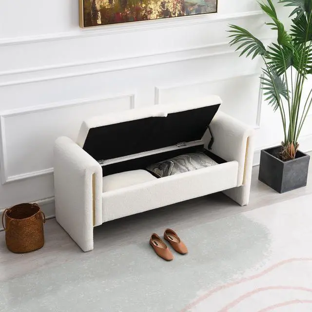 Alt view image 5 of 7 - Modern Teddy Bed End Bench with Arms and Storage,Upholstered Large Foot Rest Stool, Comfy Window Vanity Bench for Living Room,Bedroom,Dorm,Coffee Table,Teddy Cream