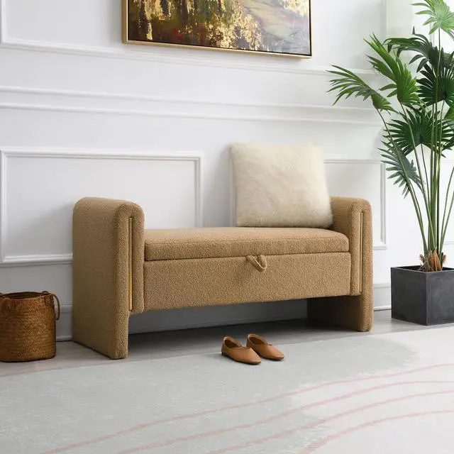 Alt view image 4 of 7 - Modern Teddy Bed End Bench with Arms and Storage,Upholstered Large Foot Rest Stool, Comfy Window Vanity Bench for Living Room,Bedroom,Dorm,Coffee Table,Teddy Coffee