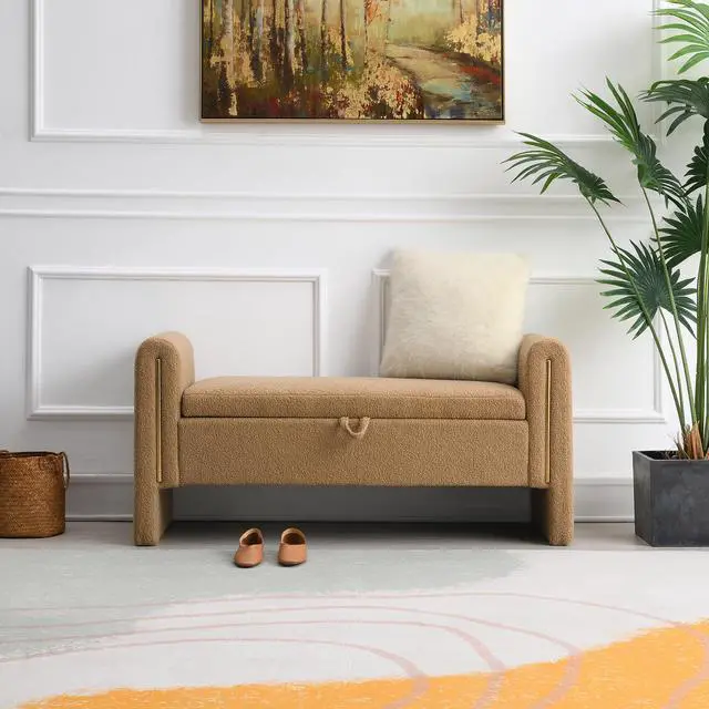 Alt view image 2 of 7 - Modern Teddy Bed End Bench with Arms and Storage,Upholstered Large Foot Rest Stool, Comfy Window Vanity Bench for Living Room,Bedroom,Dorm,Coffee Table,Teddy Coffee