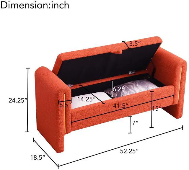Alt view image 3 of 7 - Modern Teddy Bed End Bench with Arms and Storage,Upholstered Large Foot Rest Stool, Comfy Window Vanity Bench for Living Room,Bedroom,Dorm,Coffee Table,Teddy Orange