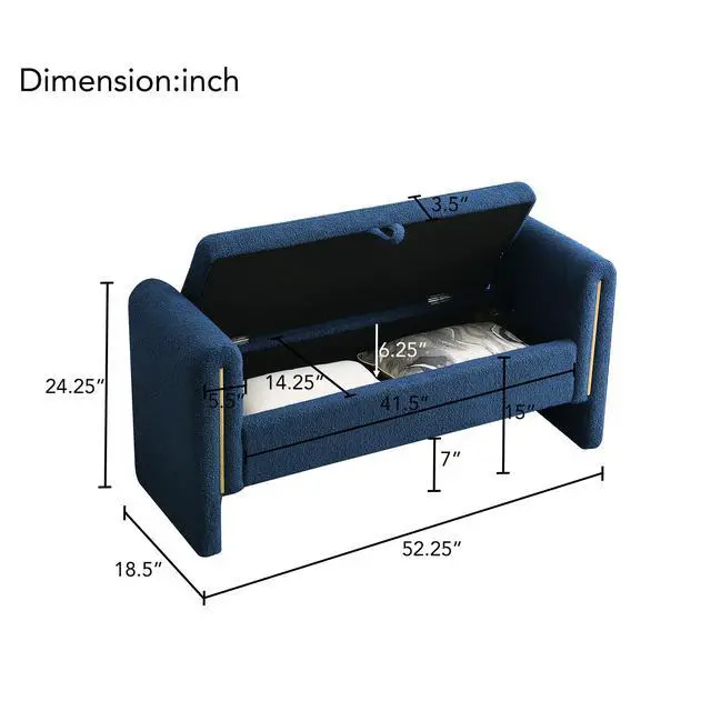 Alt view image 3 of 7 - Modern Teddy Bed End Bench with Arms and Storage,Upholstered Large Foot Rest Stool, Comfy Window Vanity Bench for Living Room,Bedroom,Dorm,Coffee Table,Teddy Navy Blue