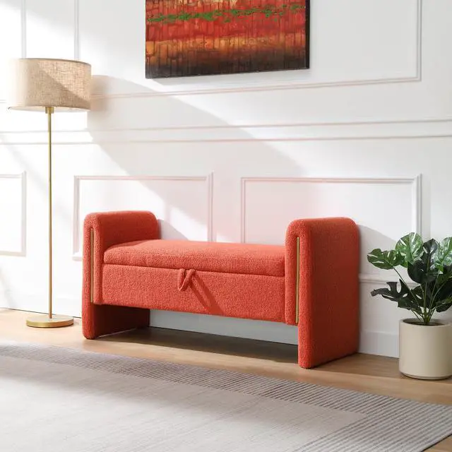 Alt view image 5 of 7 - Modern Teddy Bed End Bench with Arms and Storage,Upholstered Large Foot Rest Stool, Comfy Window Vanity Bench for Living Room,Bedroom,Dorm,Coffee Table,Teddy Orange