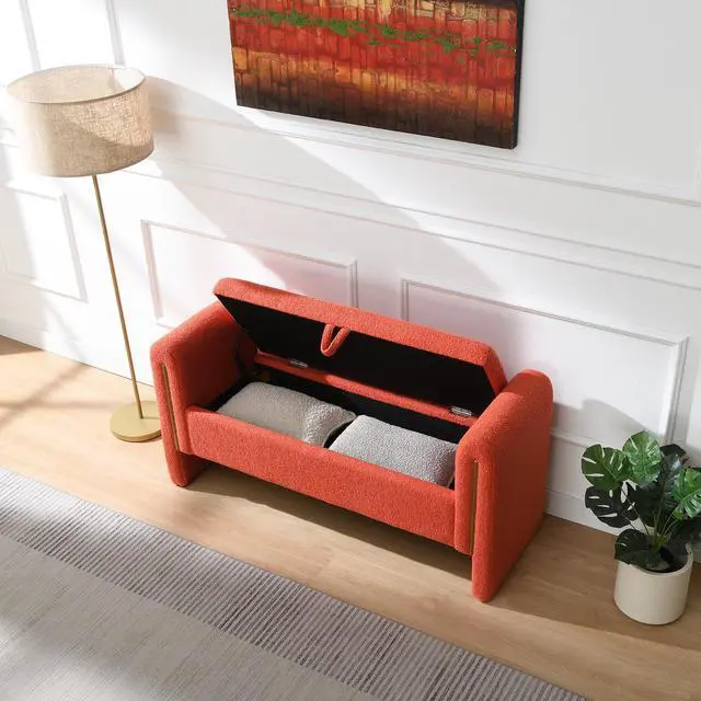 Alt view image 2 of 7 - Modern Teddy Bed End Bench with Arms and Storage,Upholstered Large Foot Rest Stool, Comfy Window Vanity Bench for Living Room,Bedroom,Dorm,Coffee Table,Teddy Orange