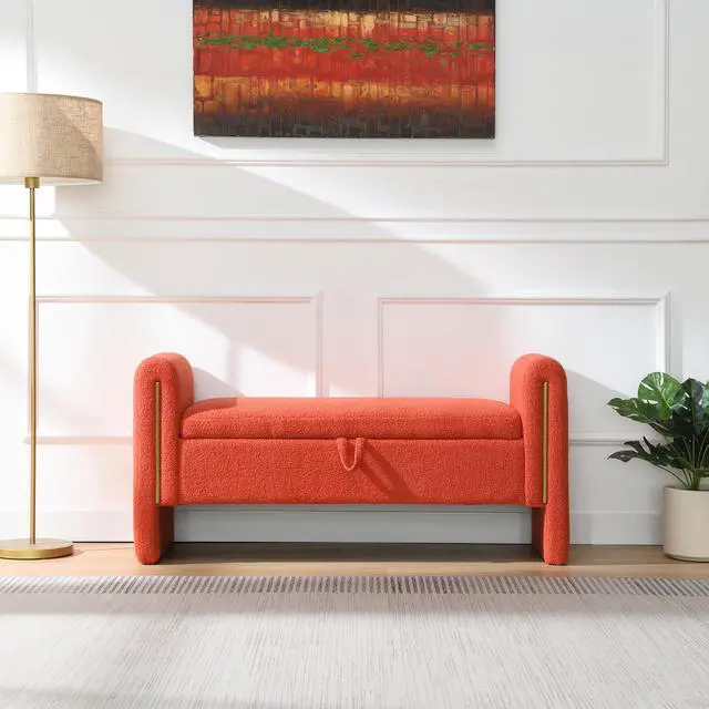 Alt view image 4 of 7 - Modern Teddy Bed End Bench with Arms and Storage,Upholstered Large Foot Rest Stool, Comfy Window Vanity Bench for Living Room,Bedroom,Dorm,Coffee Table,Teddy Orange