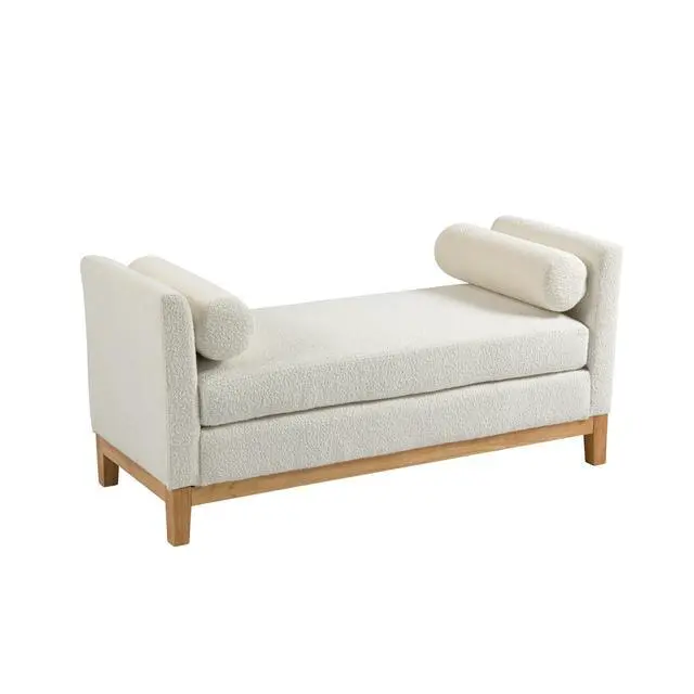 Alt view image 2 of 7 - 54.3"W Elegant Upholstered Bench, Ottoman with Wood Legs & 2 Bolster Pillows for End of Bed, Bedroom, Living Room, Entryway ,Ivory