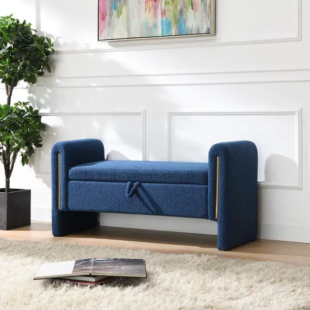 Alt view image 5 of 7 - Modern Teddy Bed End Bench with Arms and Storage,Upholstered Large Foot Rest Stool, Comfy Window Vanity Bench for Living Room,Bedroom,Dorm,Coffee Table,Teddy Navy Blue