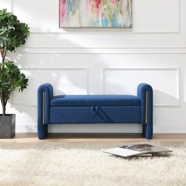 Alt view image 4 of 7 - Modern Teddy Bed End Bench with Arms and Storage,Upholstered Large Foot Rest Stool, Comfy Window Vanity Bench for Living Room,Bedroom,Dorm,Coffee Table,Teddy Navy Blue