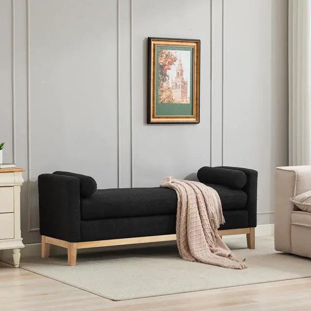Alt view image 3 of 7 - 66.34"W Elegant Upholstered Bench,Daybed, Ottoman with Nature Wood Legs & 2 Bolster Pillows for End of Bed, Bedroom, Living Room, Entryway,Black Boucle