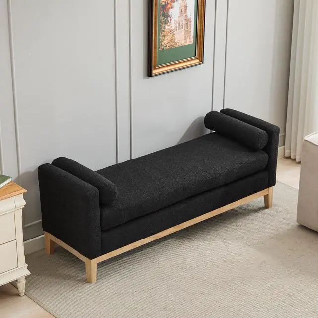 Alt view image 2 of 7 - 66.34"W Elegant Upholstered Bench,Daybed, Ottoman with Nature Wood Legs & 2 Bolster Pillows for End of Bed, Bedroom, Living Room, Entryway,Black Boucle