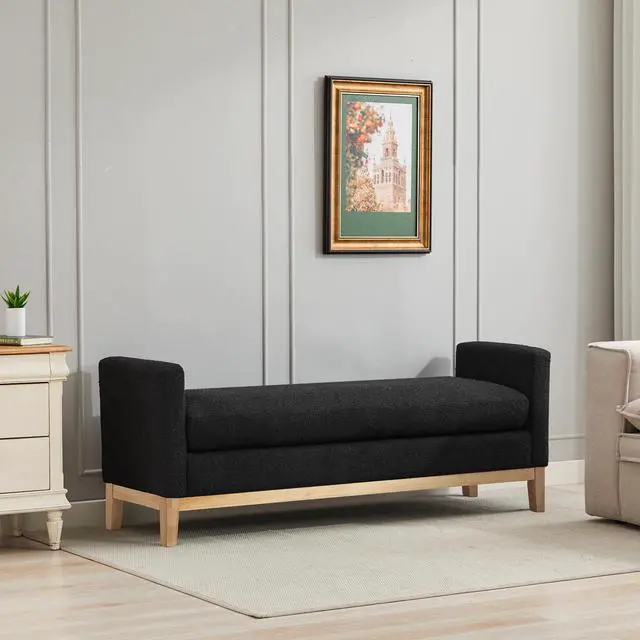 Alt view image 4 of 7 - 66.34"W Elegant Upholstered Bench,Daybed, Ottoman with Nature Wood Legs & 2 Bolster Pillows for End of Bed, Bedroom, Living Room, Entryway,Black Boucle