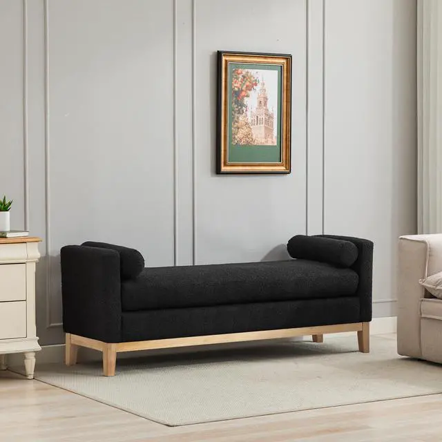 Alt view image 6 of 7 - 66.34"W Elegant Upholstered Bench,Daybed, Ottoman with Nature Wood Legs & 2 Bolster Pillows for End of Bed, Bedroom, Living Room, Entryway,Black Boucle