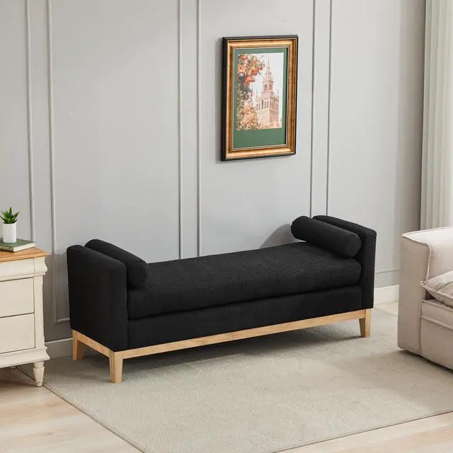 Alt view image 5 of 7 - 66.34"W Elegant Upholstered Bench,Daybed, Ottoman with Nature Wood Legs & 2 Bolster Pillows for End of Bed, Bedroom, Living Room, Entryway,Black Boucle