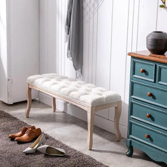 Alt view image 6 of 7 - Bedroom Bench, French Vintage Tufted Entryway Bench, 43.3" Carving Upholstered End of Bed Bench with Distressed Wood Legs, Linen Ottoman Seat for Living Room, Foyer, Dining Room