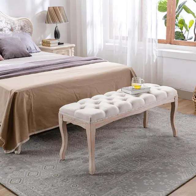 Alt view image 7 of 7 - Bedroom Bench, French Vintage Tufted Entryway Bench, 43.3" Carving Upholstered End of Bed Bench with Distressed Wood Legs, Linen Ottoman Seat for Living Room, Foyer, Dining Room