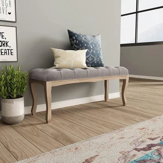 Alt view image 5 of 7 - Bedroom Bench, French Vintage Tufted Entryway Bench, 43.3" Carving Upholstered End of Bed Bench with Distressed Wood Legs, Linen Ottoman Seat for Living Room, Foyer, Dining Room