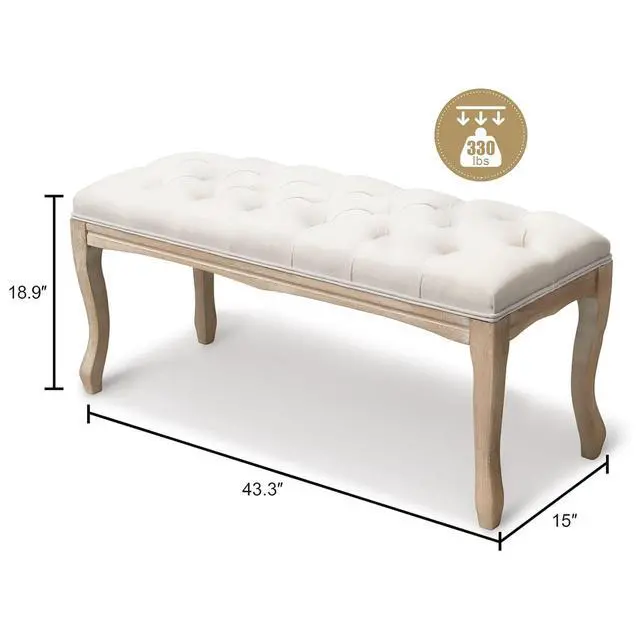 Alt view image 5 of 7 - Bedroom Bench, French Vintage Tufted Entryway Bench, 43.3" Carving Upholstered End of Bed Bench with Distressed Wood Legs, Linen Ottoman Seat for Living Room, Foyer, Dining Room