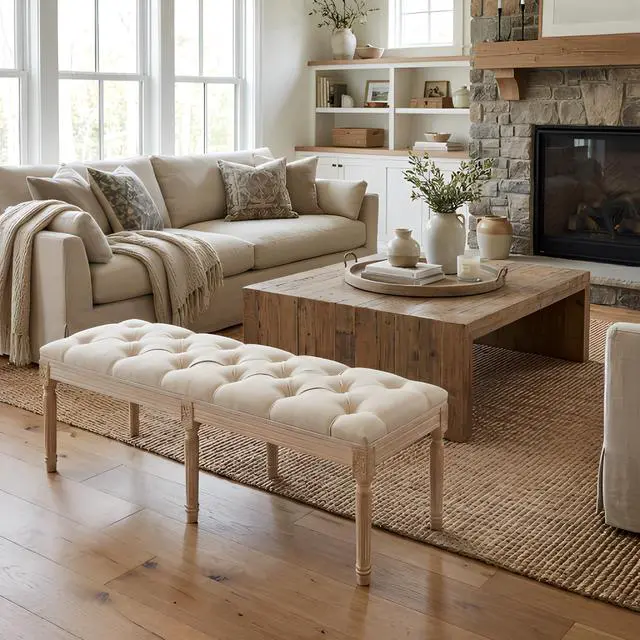 Alt view image 2 of 7 - Bedroom Bench, French Vintage Tufted Entryway Bench, 47.2" Carving Upholstered End of Bed Bench with Distressed Wood Legs, Linen Ottoman Seat for Living Room, Foyer, Dining Room