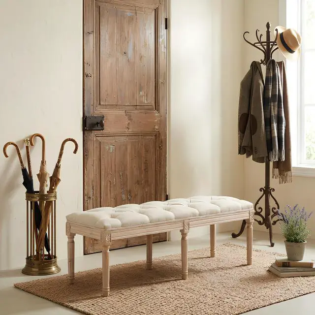 Alt view image 3 of 7 - Bedroom Bench, French Vintage Tufted Entryway Bench, 47.2" Carving Upholstered End of Bed Bench with Distressed Wood Legs, Linen Ottoman Seat for Living Room, Foyer, Dining Room
