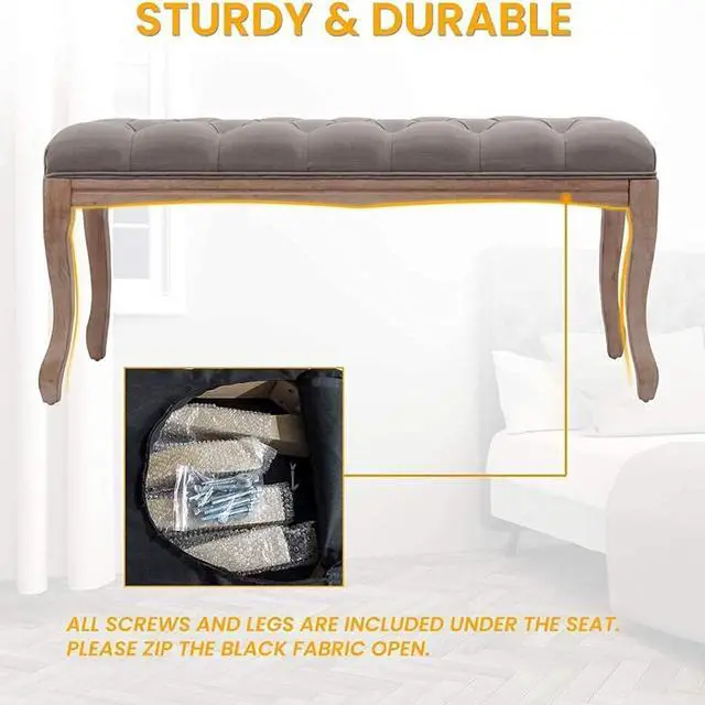 Alt view image 6 of 7 - Bedroom Bench, French Vintage Tufted Entryway Bench, 43.3" Carving Upholstered End of Bed Bench with Distressed Wood Legs, Linen Ottoman Seat for Living Room, Foyer, Dining Room