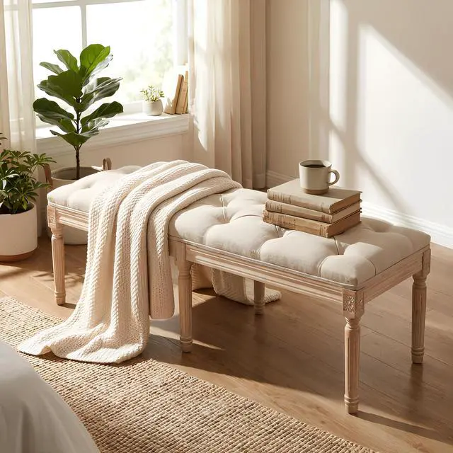Alt view image 6 of 7 - Bedroom Bench, French Vintage Tufted Entryway Bench, 47.2" Carving Upholstered End of Bed Bench with Distressed Wood Legs, Linen Ottoman Seat for Living Room, Foyer, Dining Room