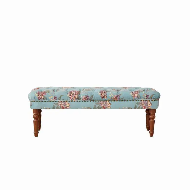 Alt view image 7 of 7 - European Style Tufted Floral Bench with Turned Wood Legs,American Upholstered Ottoman for Bedroom & Primary Living Space