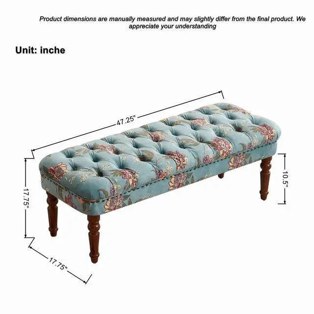 Alt view image 5 of 7 - European Style Tufted Floral Bench with Turned Wood Legs,American Upholstered Ottoman for Bedroom & Primary Living Space