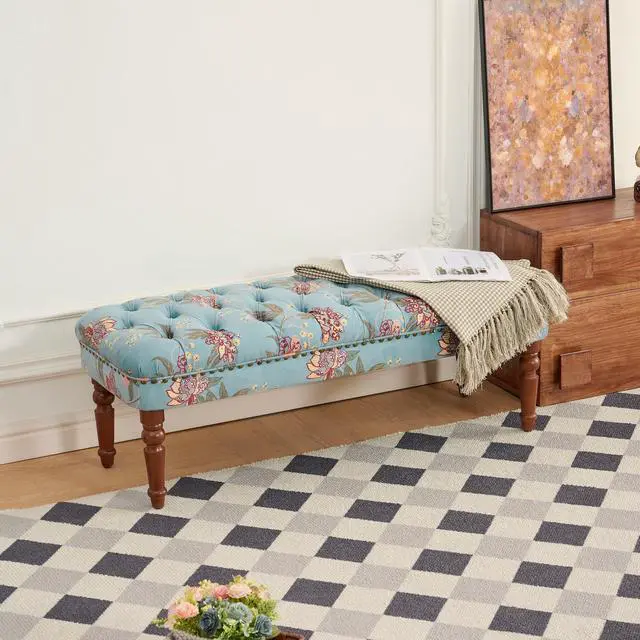 Alt view image 3 of 7 - European Style Tufted Floral Bench with Turned Wood Legs,American Upholstered Ottoman for Bedroom & Primary Living Space