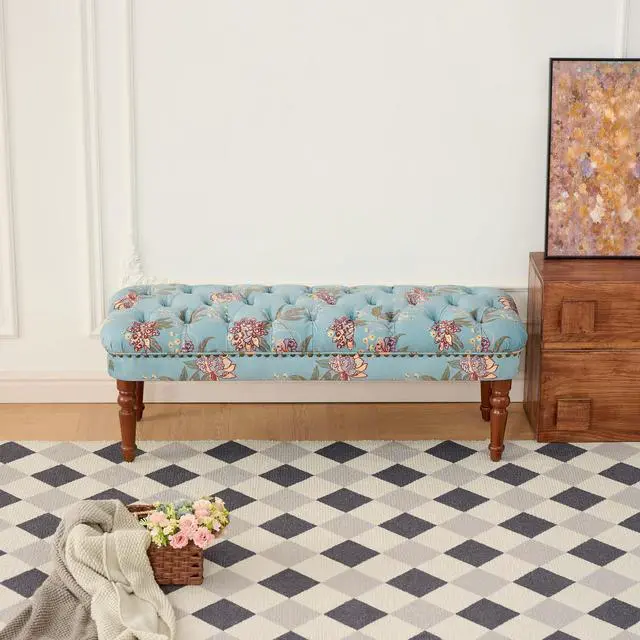 Alt view image 2 of 7 - European Style Tufted Floral Bench with Turned Wood Legs,American Upholstered Ottoman for Bedroom & Primary Living Space