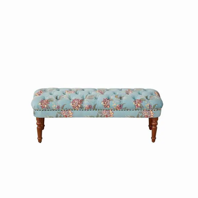 Alt view image 6 of 7 - European Style Tufted Floral Bench with Turned Wood Legs,American Upholstered Ottoman for Bedroom & Primary Living Space